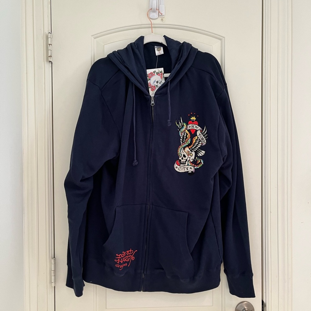 NWT Christian Audigier Navy NYC Ed Hardy Design Zip Up Hoodie XL